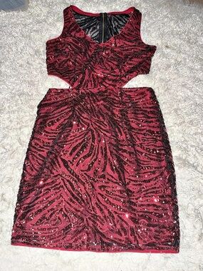 Minuet Sequin Zebra Print Mini Dress in Red & Black Size large cutout NWT